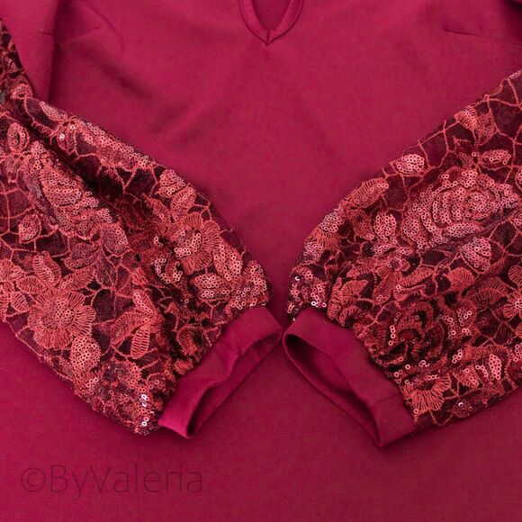 Venus Women's Burgundy Top L Balloon Sleeve Lace Sequin Holiday Christmas Glam - Picture 4 of 10